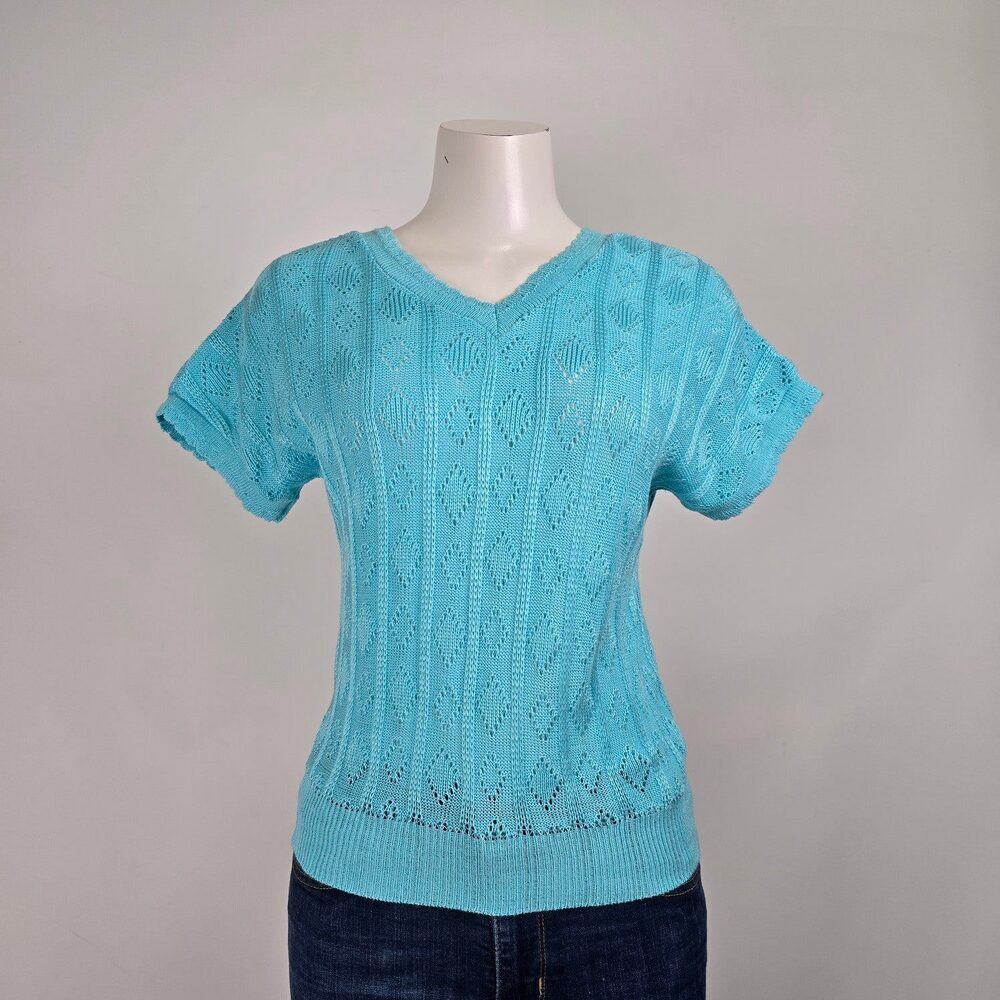 Vintage Blue Knit V-Neck Short Sleeve Sweater Size S/M
